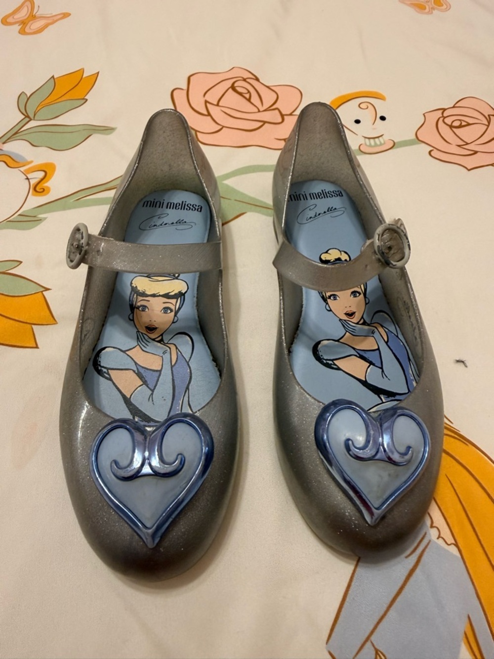 Mini Melissa Cinderella Silver Mary Jane Shoes with Blue Heart Accent